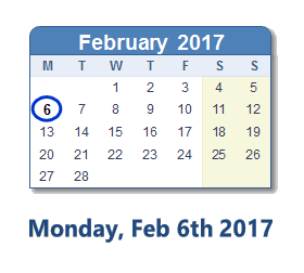 February 6, 2017 calendar