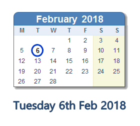 February 6, 2018 calendar