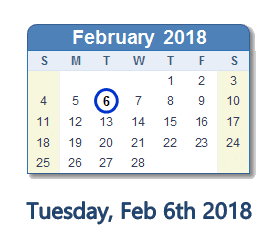 February 6, 2018 calendar