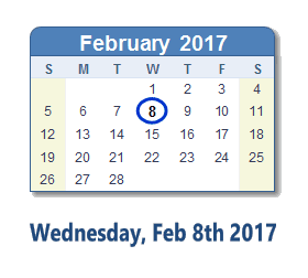February 8, 2017 calendar