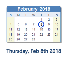February 8, 2018 calendar