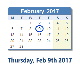 February 9, 2017 calendar