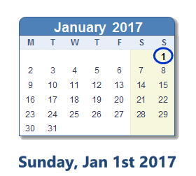 January 1, 2017 calendar