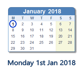 January 1, 2018 calendar