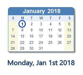 January 1, 2018 calendar