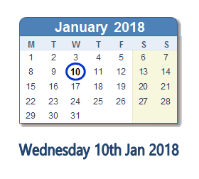 January 10, 2018 calendar