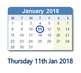 January 11, 2018 calendar