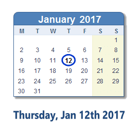 January 12, 2017 calendar