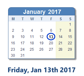 January 13, 2017 calendar