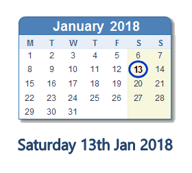 January 13, 2018 calendar