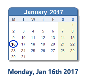 January 16, 2017 calendar