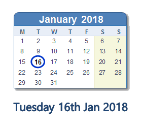 January 16, 2018 calendar