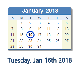 January 16, 2018 calendar