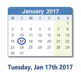 January 17, 2017 calendar