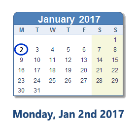 January 2, 2017 calendar
