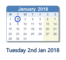 January 2, 2018 calendar