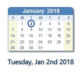 January 2, 2018 calendar