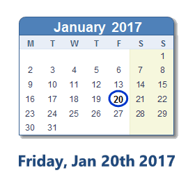 January 20, 2017 calendar