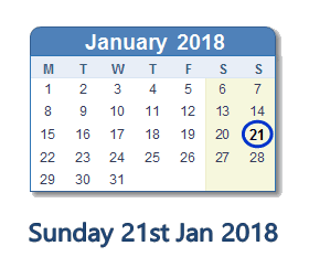 January 21, 2018 calendar