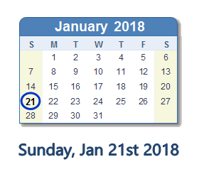 January 21, 2018 calendar