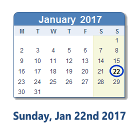 January 22, 2017 calendar