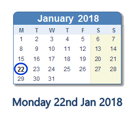 January 22, 2018 calendar