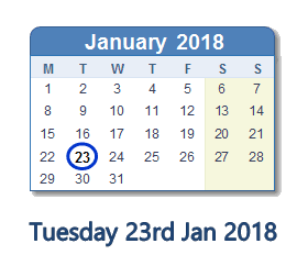 January 23, 2018 calendar
