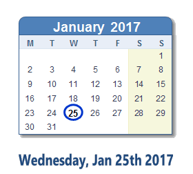 January 25, 2017 calendar