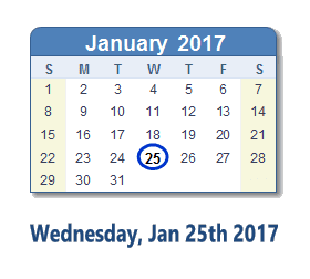January 25, 2017 calendar