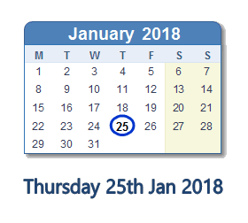 January 25, 2018 calendar