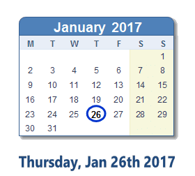 January 26, 2017 calendar