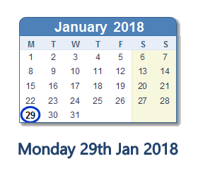 January 29, 2018 calendar