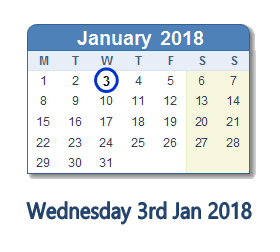 January 3, 2018 calendar