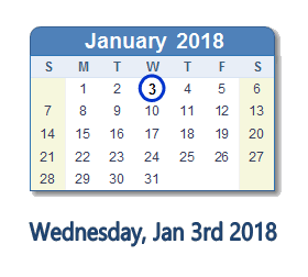 January 3, 2018 calendar