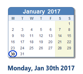 January 30, 2017 calendar