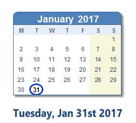 January 31, 2017 calendar