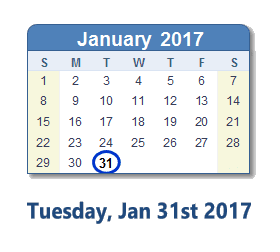 January 31, 2017 calendar