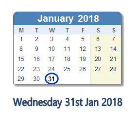 January 31, 2018 calendar