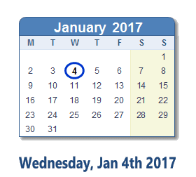January 4, 2017 calendar