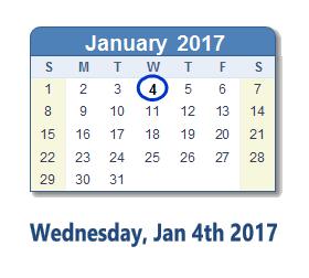 January 4, 2017 calendar