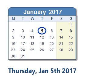 January 5, 2017 calendar