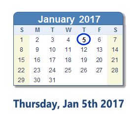 January 5, 2017 calendar