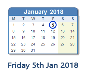January 5, 2018 calendar