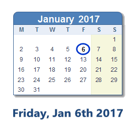 January 6, 2017 calendar