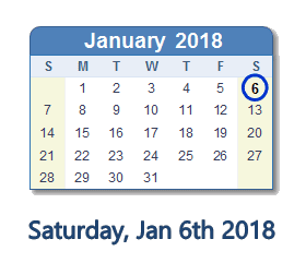 January 6, 2018 calendar
