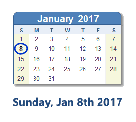 January 8, 2017 calendar