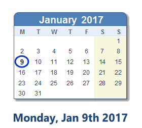January 9, 2017 calendar