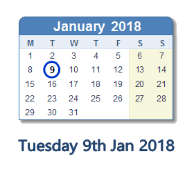 January 9, 2018 calendar