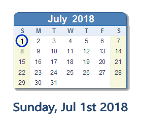 July 1, 2018 calendar