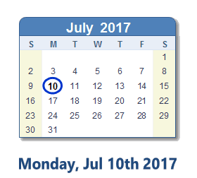 July 10, 2017 calendar